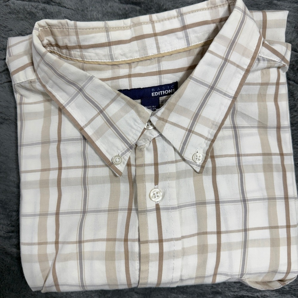 Basic Editions Button Down Shirt‎ Mens 2XLT Tan Plaid Short Sleeve 762993670171